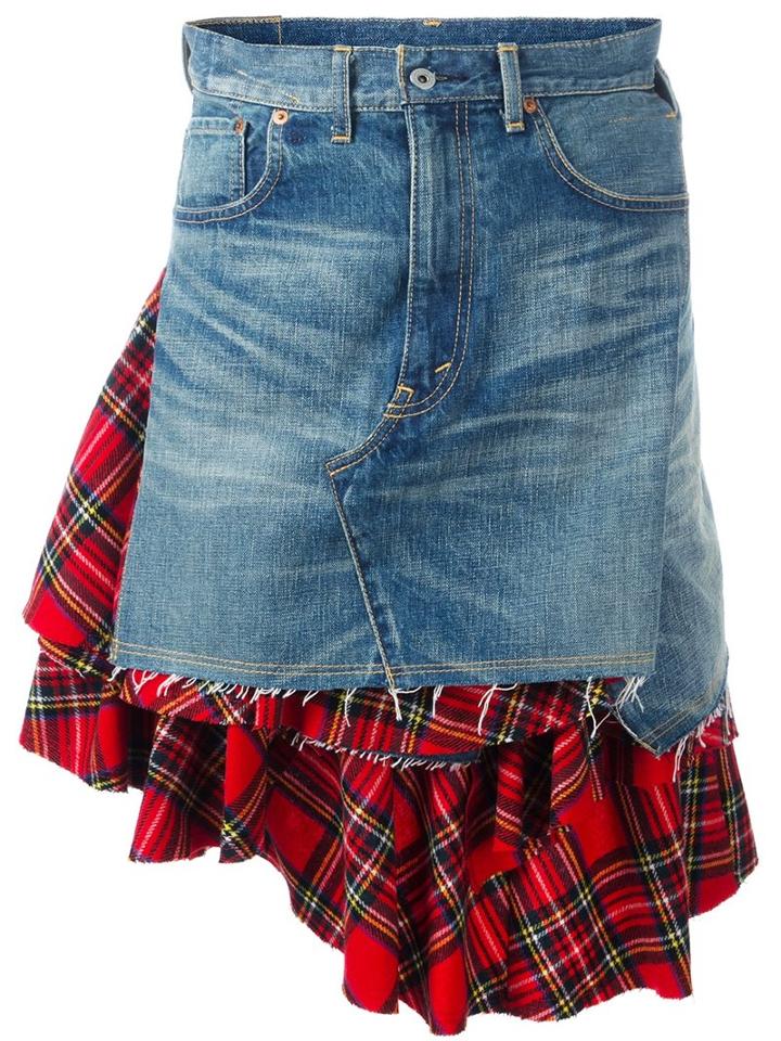 Junya Watanabe Comme Des Garçons Plaid Inset Denim Skirt, Women's, Size: Small, Blue, Cotton/nylon/cupro/wool