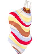 Solid & Striped Wave Print Swimsuit - Red