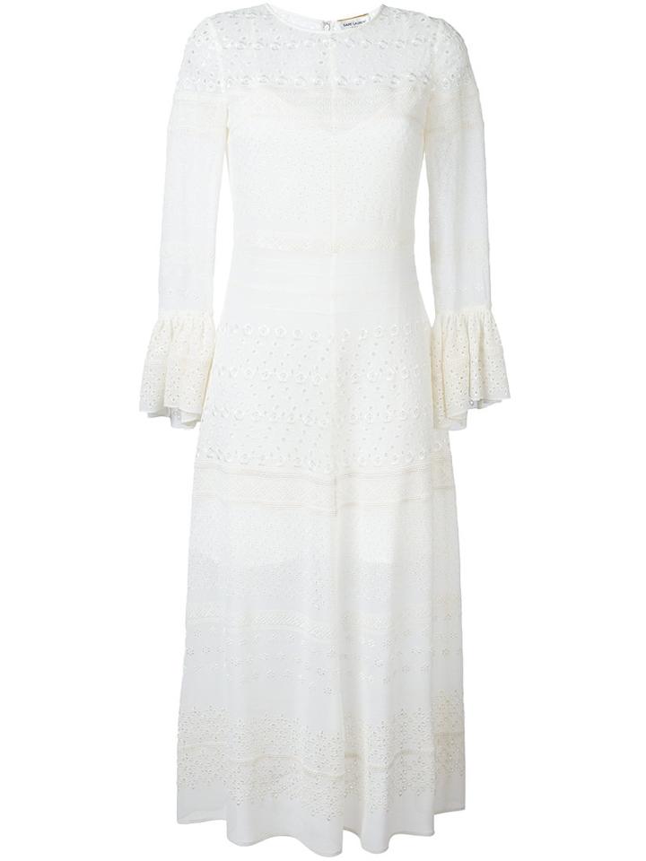 Saint Laurent Broderie Anglaise Long Dress, Women's, Size: 40, White, Silk/viscose/cotton