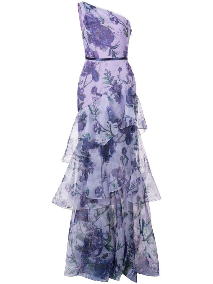 Marchesa Notte Floral Print One-shoulder Gown - Purple