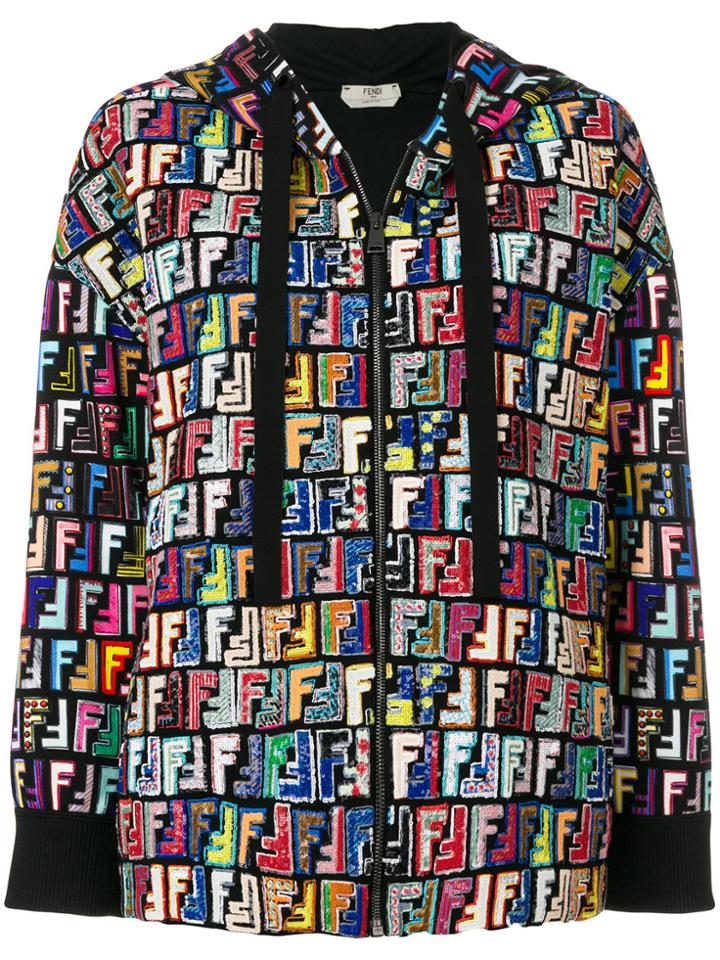 Fendi Logo Zip-up Hooded Sweatshirt - Black