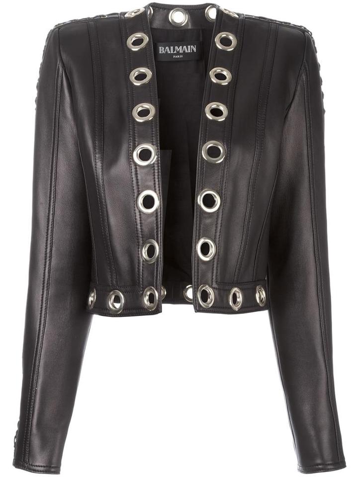 Balmain Metallic Eyelet Jacket, Women's, Size: 40, Black, Cotton/lamb Skin/viscose