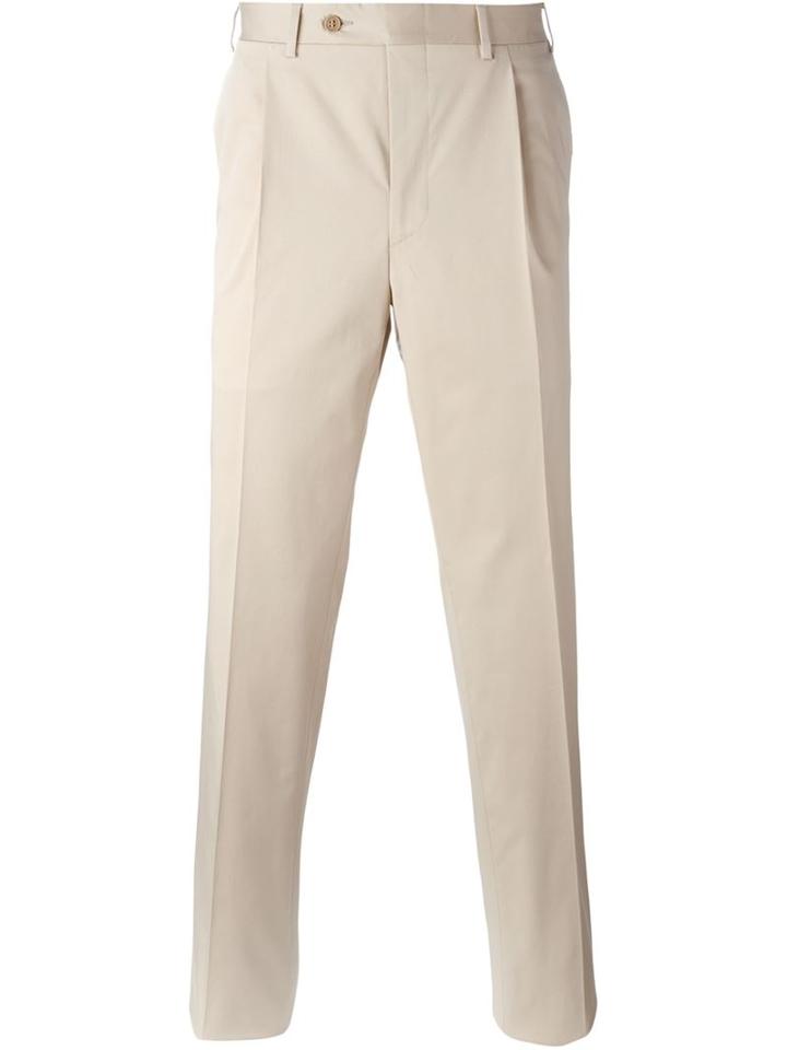 Canali Pleated Straight Leg Trousers, Men's, Size: 50, Nude/neutrals, Cotton/rubber