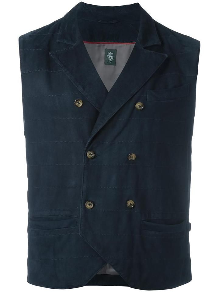 Eleventy Double-breasted Waistcoat, Men's, Size: 50, Blue, Suede/cotton/spandex/elastane/polyester