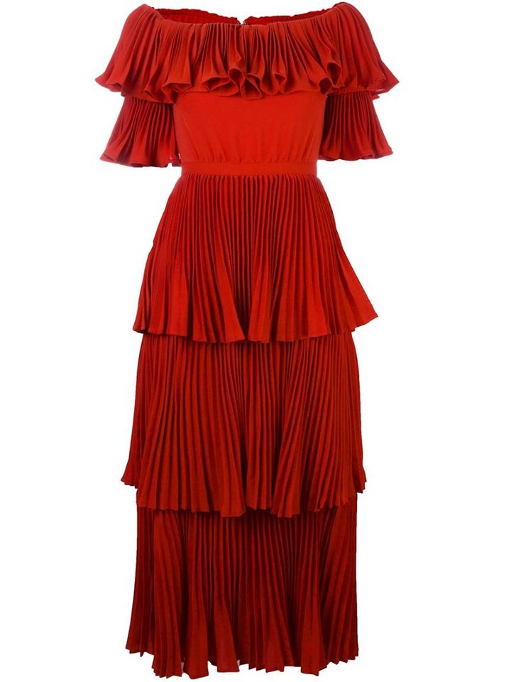 Self-portrait Off-the-shoulder Pleated Dress, Women's, Size: 8, Yellow/orange, Polyester/spandex/elastane