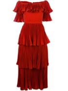Self-portrait Off-the-shoulder Pleated Dress, Women's, Size: 8, Yellow/orange, Polyester/spandex/elastane