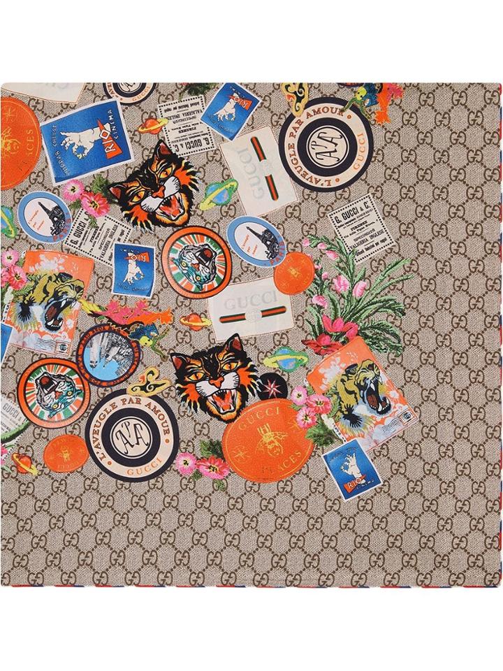 Gucci Silk Scarf With Gucci Courrier Print - Neutrals
