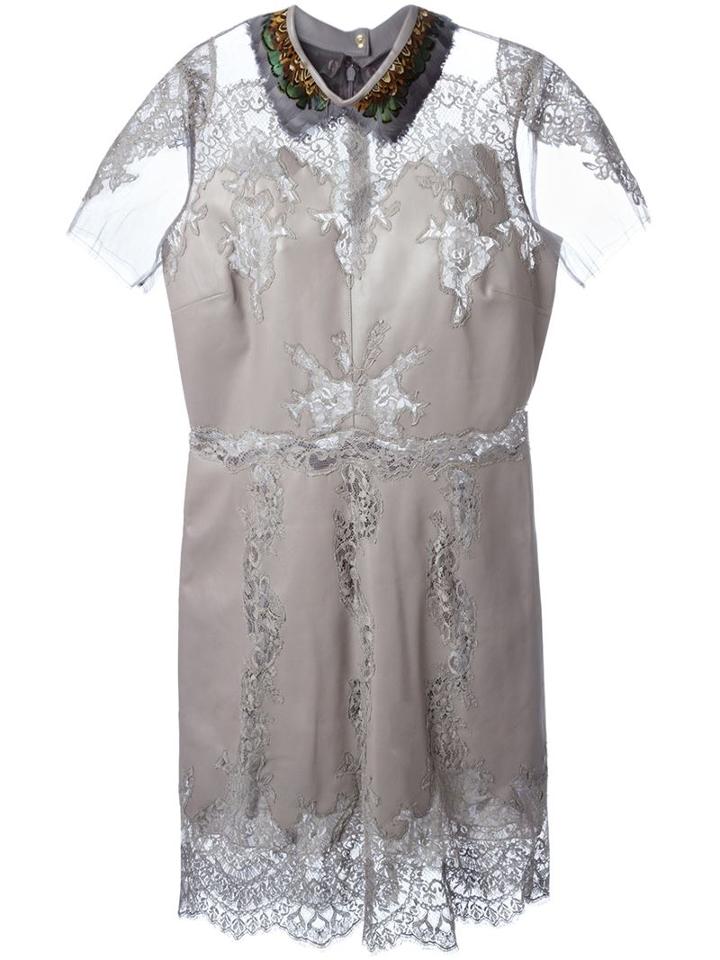 Valentino Feather Collar Lace Panel Dress, Women's, Size: 42, Grey, Silk/cotton/lamb Skin/feather Down