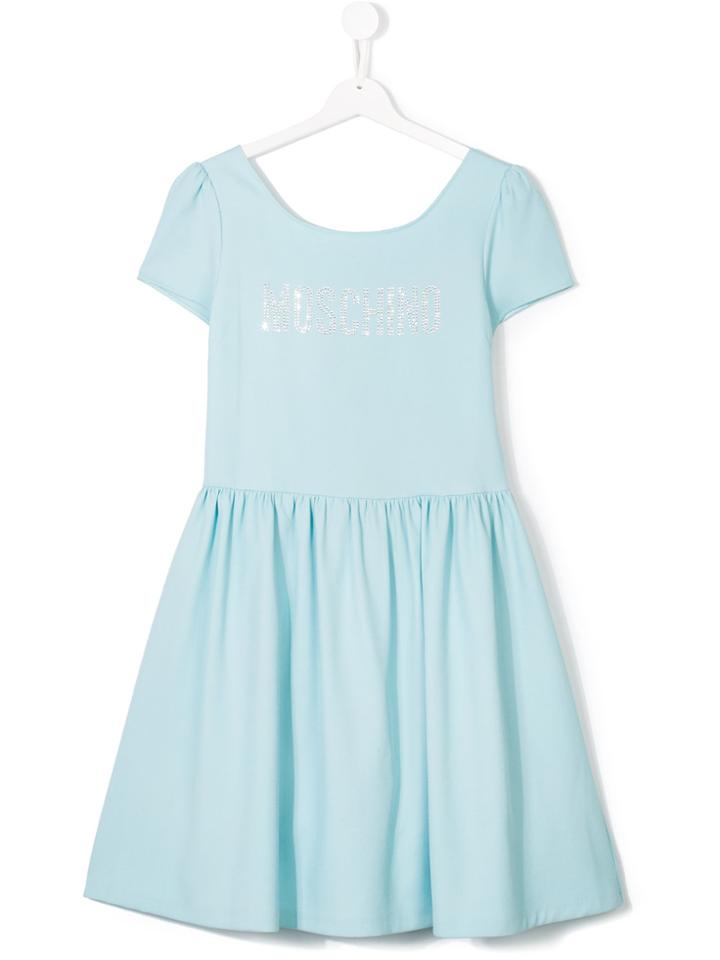 Moschino Kids Logo Appliqué Pleated Dress - Blue