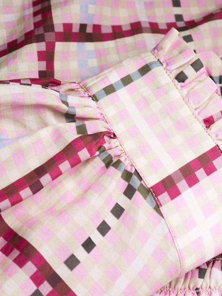 Ganni Check Ruched Maxi Dress - Pink