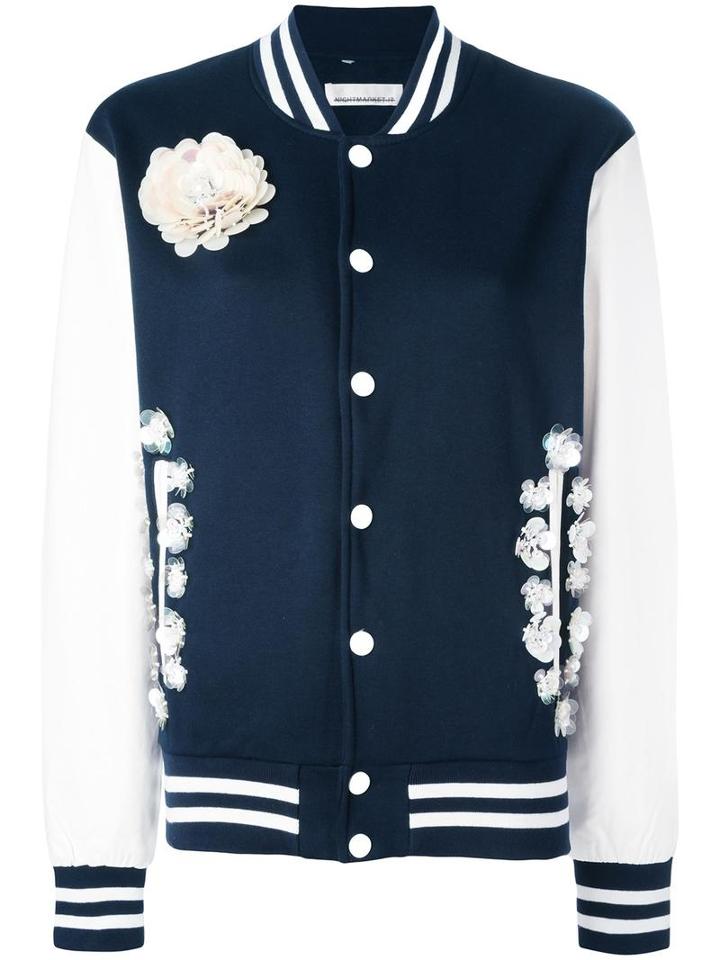 Night Market - Flower Embellished Bomber Jacket - Women - Cotton/leather/polyester - Xs, Blue, Cotton/leather/polyester