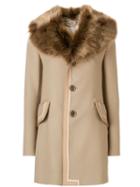 Marc Jacobs Single Breasted Leather Trim Coat With Fur Collar -