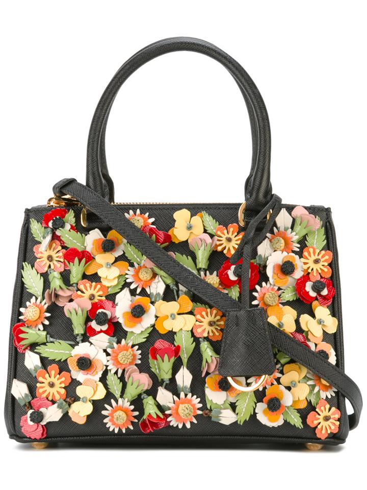 Prada Flower Embellished Tote, Women's, Black, Leather