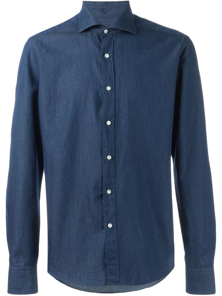 Fay Spread Collar Denim Shirt, Men's, Size: 40, Blue, Cotton