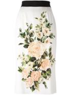 Dolce & Gabbana Rose Print Skirt, Women's, Size: 42, White, Silk/spandex/elastane