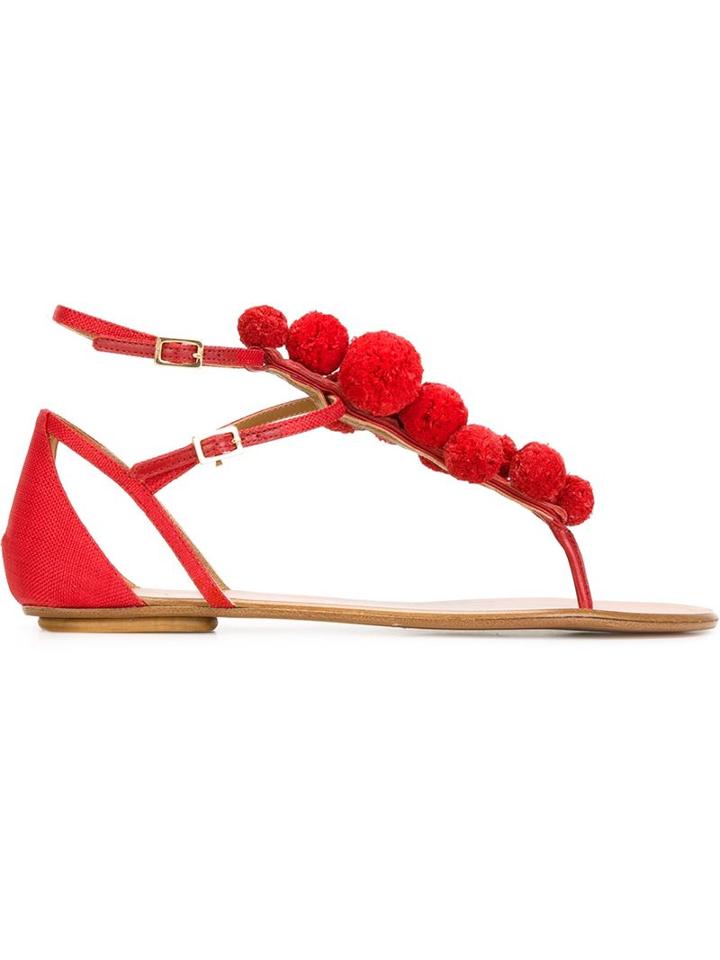Aquazzura Pompom Sandals, Women's, Size: 38.5, Red, Paper/leather