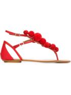 Aquazzura Pompom Sandals, Women's, Size: 38.5, Red, Paper/leather