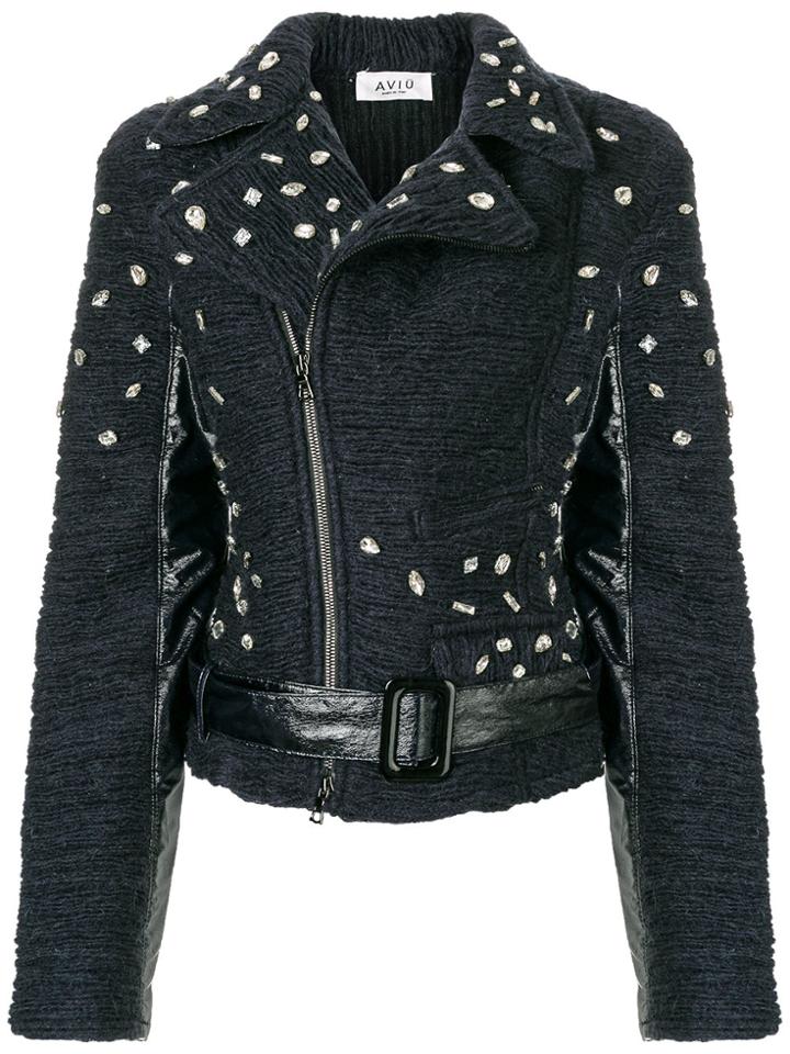 Aviù Embellished Textured Biker Jacket - Blue