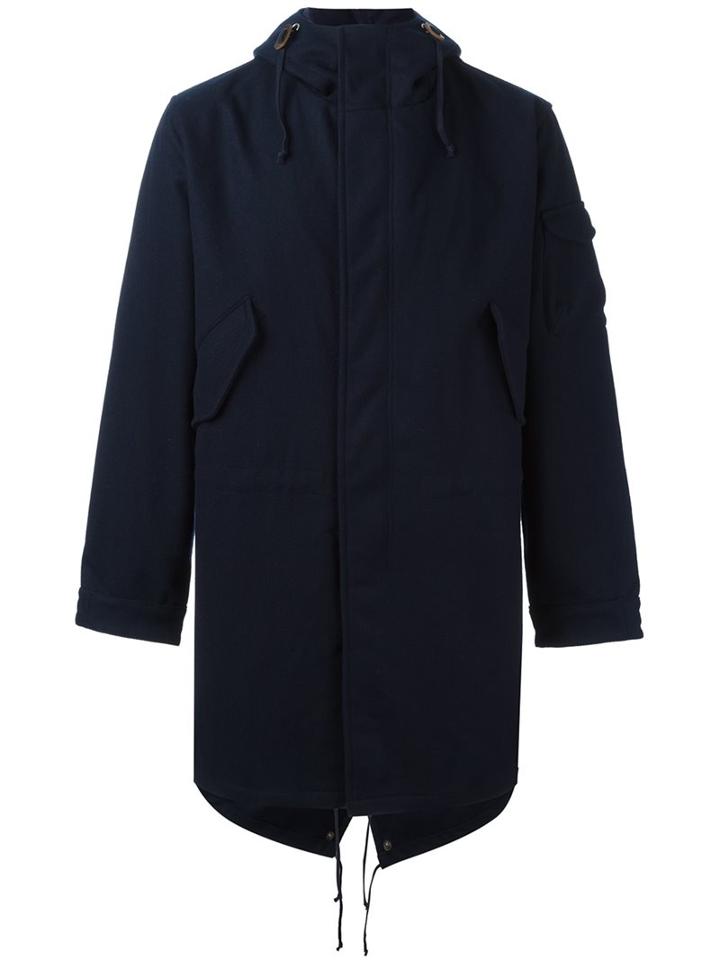 Universal Works Hooded Parka Coat, Men's, Size: Large, Blue, Cotton/polyamide/polyester/wool