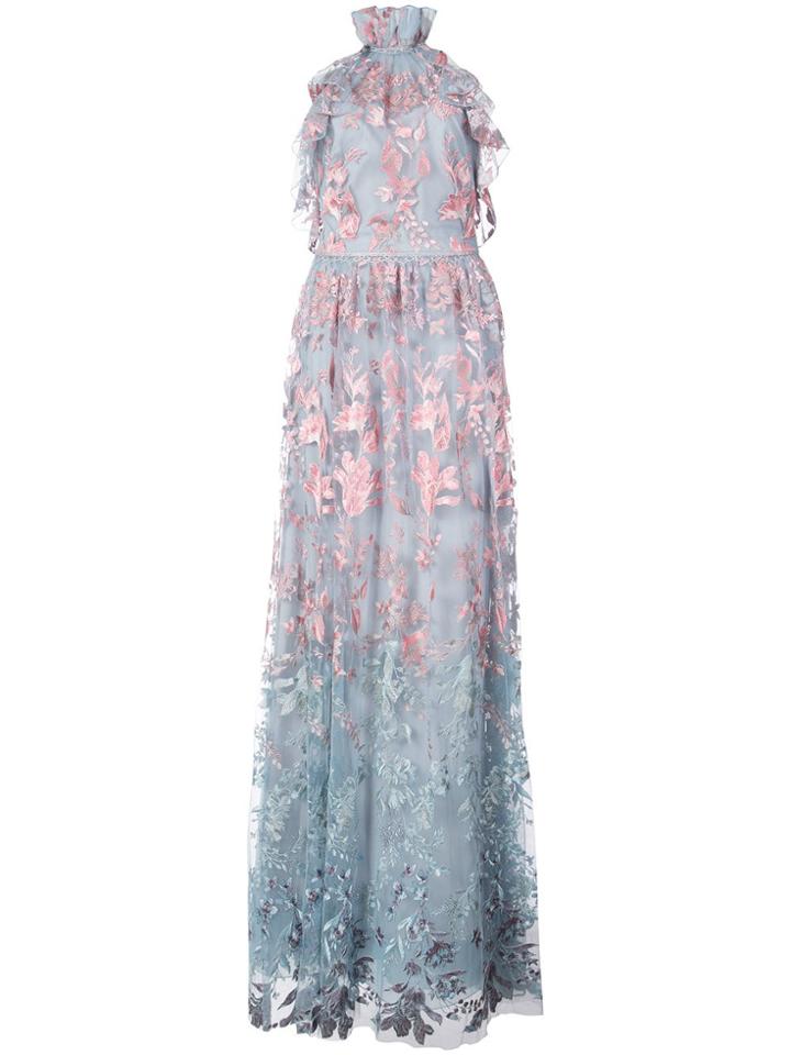 Marchesa Notte Floral Halterneck Dress - Blue