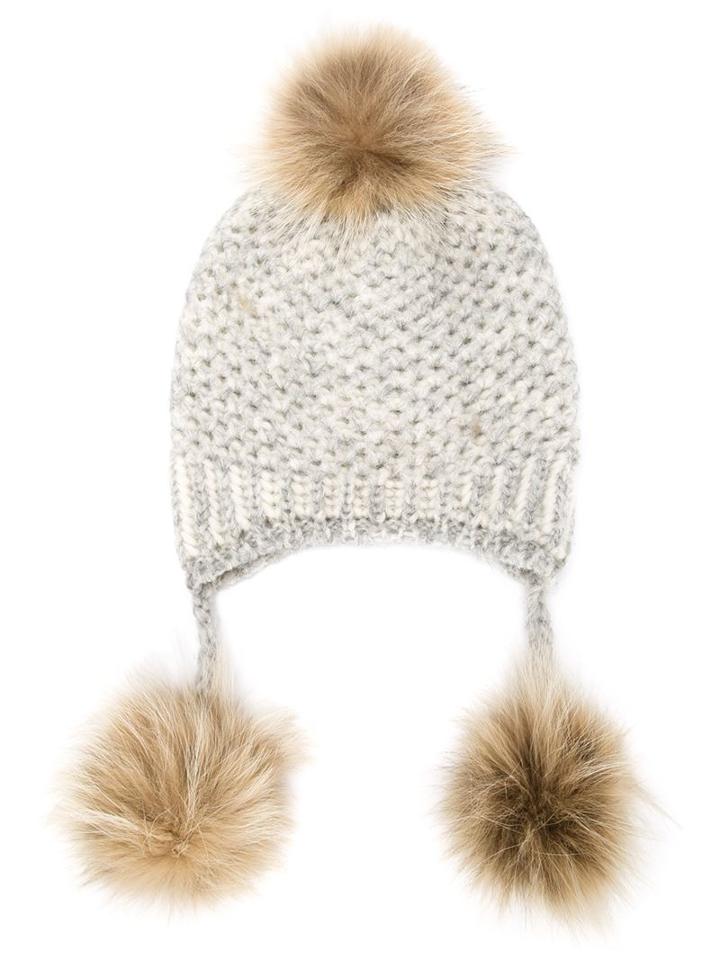 Inverni Triple Pompom Beanie, Women's, Grey, Nylon/wool/alpaca/coyote Fur
