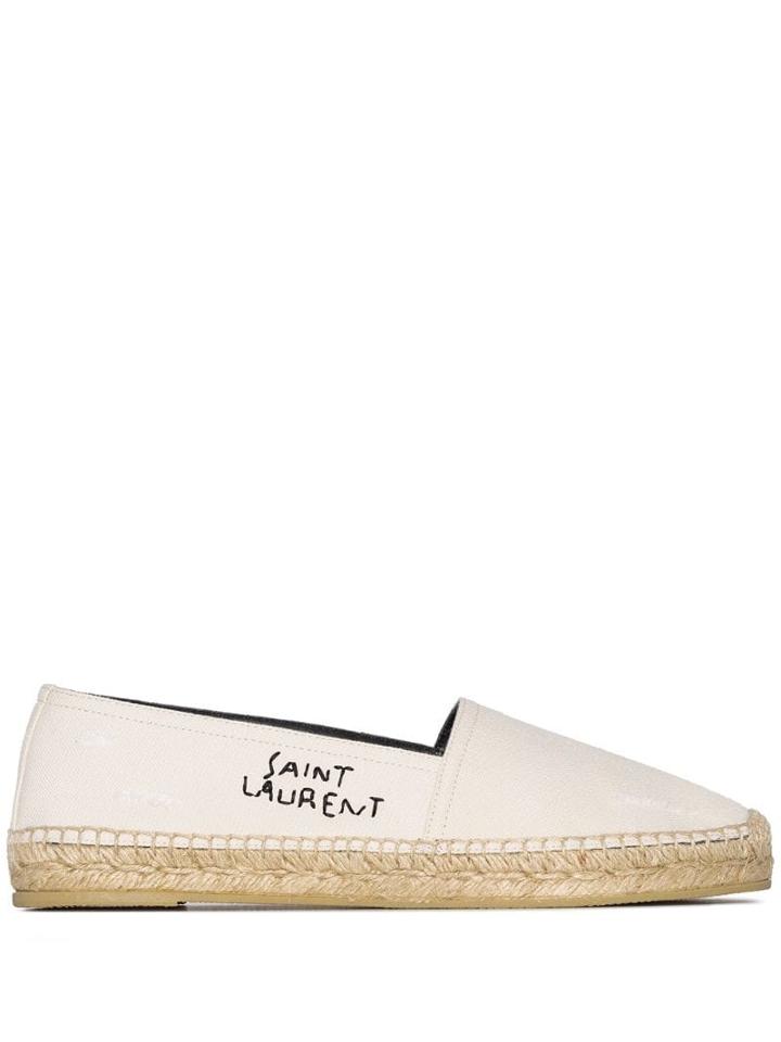 Saint Laurent White Logo Flat Canvas Leather Espadrilles