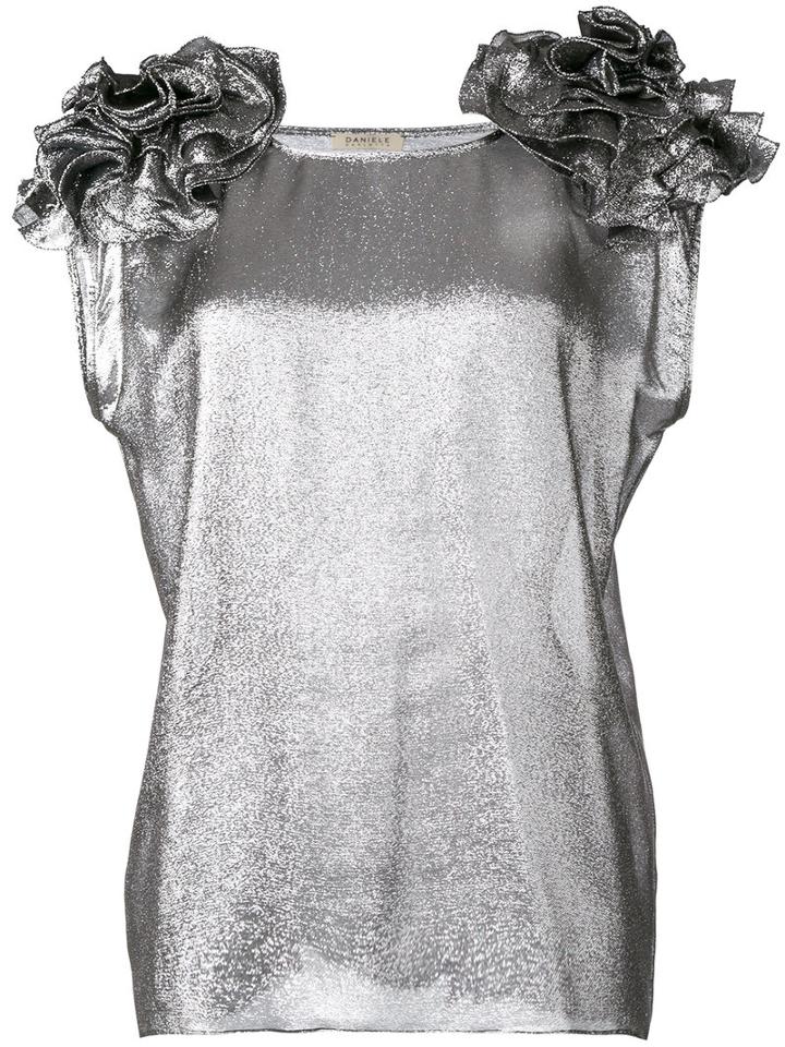 Daniele Carlotta Ruffle Trim High Shine Top, Women's, Size: 44, Grey, Silk/metallized Polyester