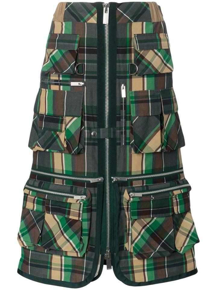Sacai Checked Zip-up Front Pockets Patch Skirt - Green