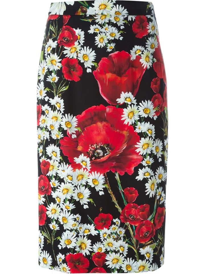 Dolce & Gabbana Daisy And Poppy Print Skirt, Women's, Size: 40, Black, Silk/spandex/elastane/silk