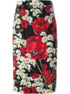 Dolce & Gabbana Daisy And Poppy Print Skirt, Women's, Size: 40, Black, Silk/spandex/elastane/silk