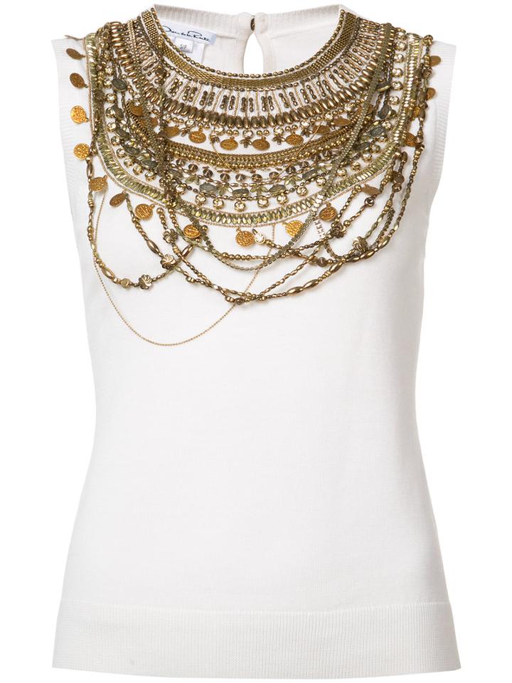 Oscar De La Renta - Sleeveless Gold Chain Layer Tank Top - Women - Silk/virgin Wool - M, White, Silk/virgin Wool