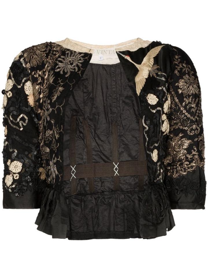 One Vintage Floral Embroidered Bolero Jacket - Black