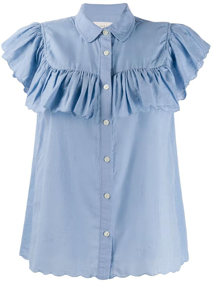 The Great. Scalloped Hem Ruffle Shirt - Blue