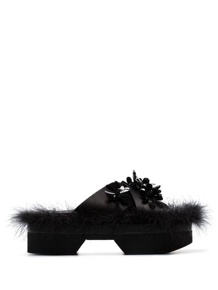 Simone Rocha Black 45 Feather-trimmed Floral-embellished Flatform