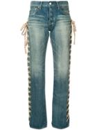 Tu Es Mon Trésor Flower Ribbon Lace-up Jeans Short Length - Blue