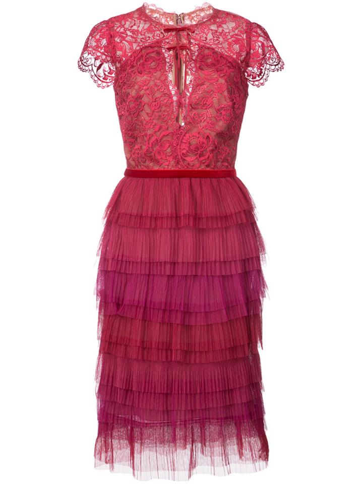 Marchesa Notte Tiered Lace Dress - Pink & Purple