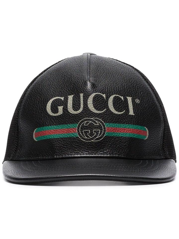 Gucci Black Logo Print Leather Baseball Cap