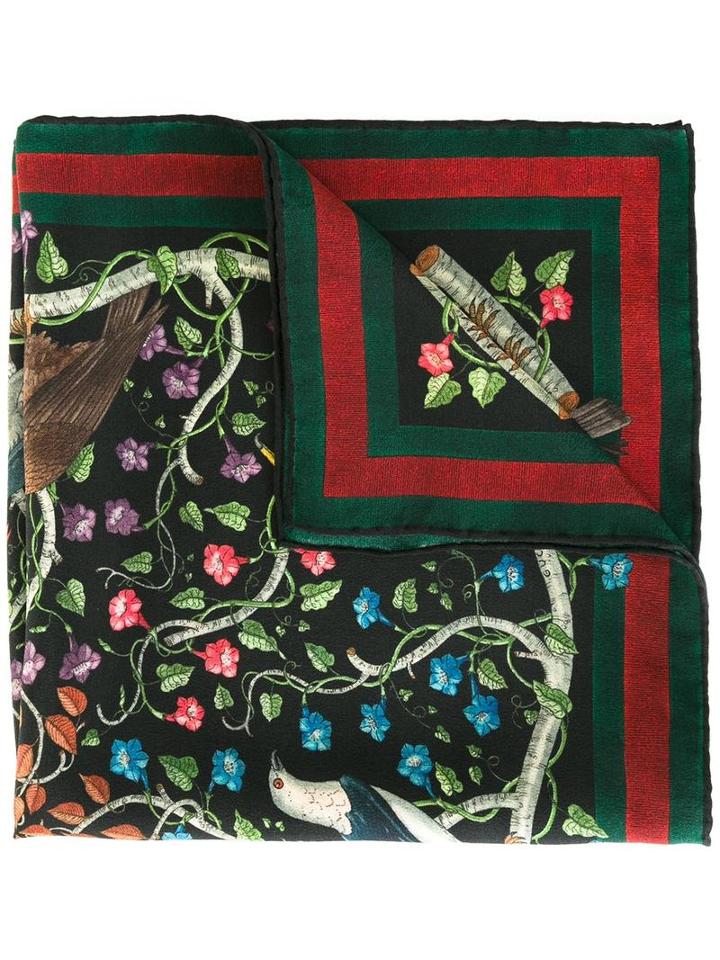 Gucci Birds Print Pocket Square, Men's, Black, Silk