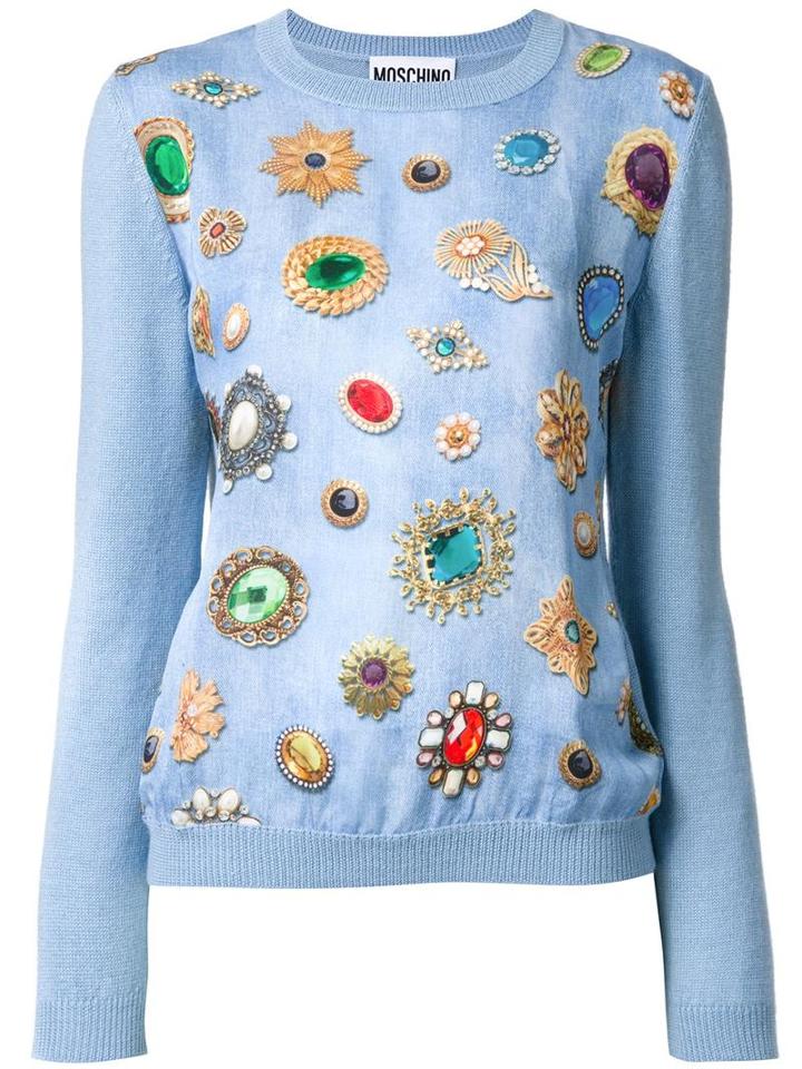 Moschino Jewel Print Jumper, Women's, Size: 46, Blue, Silk/alpaca
