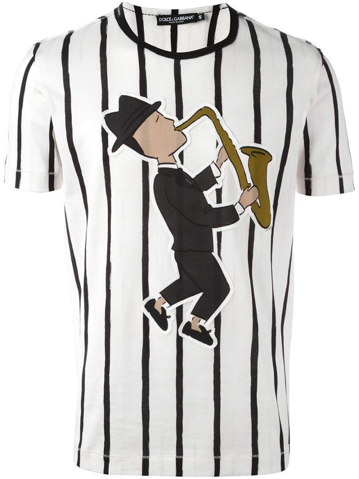 Dolce & Gabbana Saxophonist Patch Striped T-shirt, Men's, Size: 50, White, Cotton