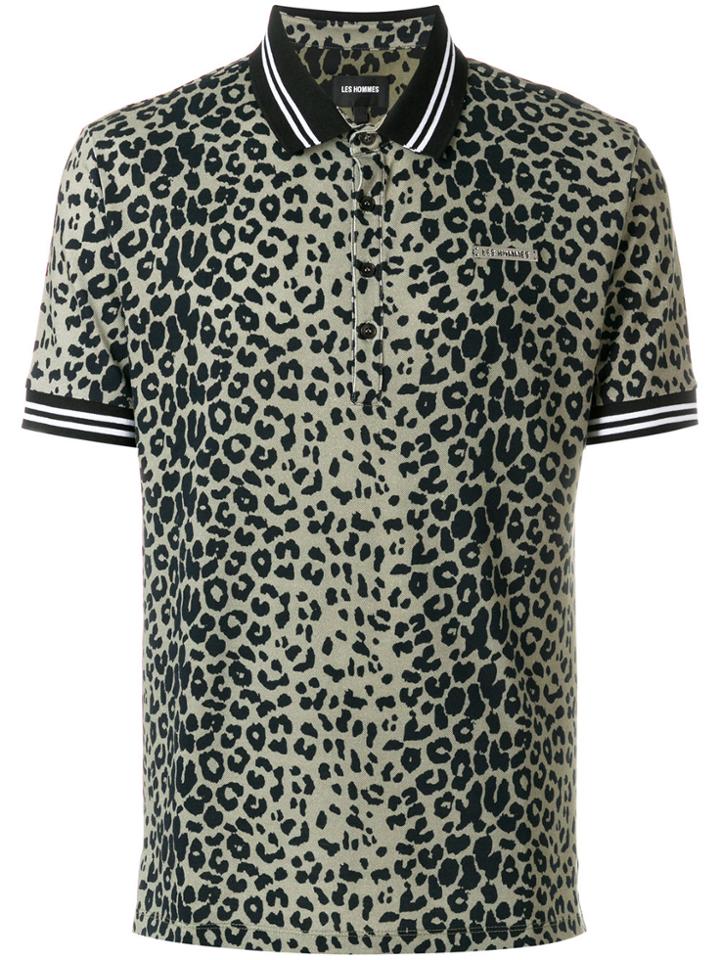 Les Hommes Leopard Print Polo Top - Black