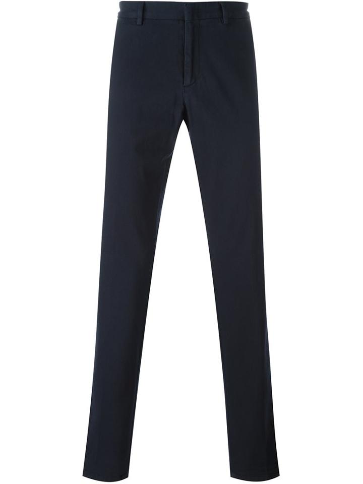 Z Zegna Concealed Button Chino Trousers, Men's, Size: 54, Blue, Cotton/spandex/elastane