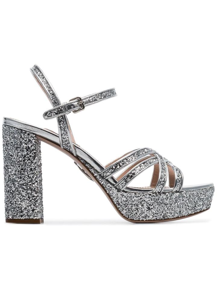 Miu Miu Silver 105 Glitter Embellished Leather Platform Sandals