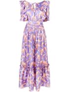Three Floor Floral Print Ruffle Dress - Purple