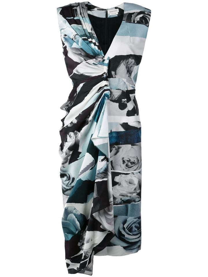 Alexander Mcqueen Panelled Rose Print Fitted Dress - Blue
