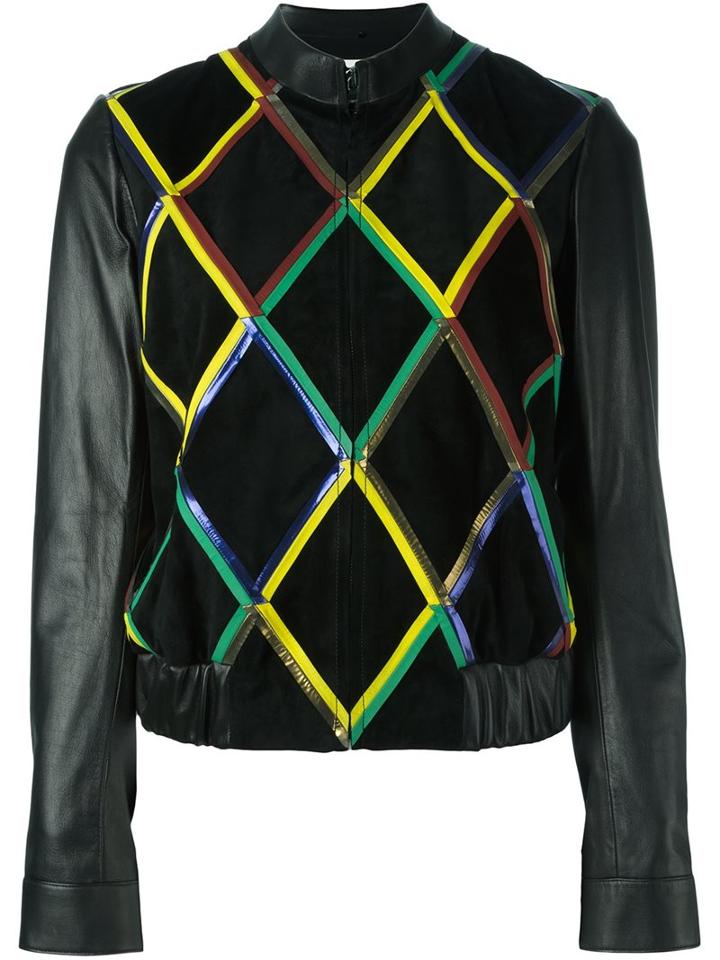 Marco De Vincenzo Diamond Pattern Leather Jacket, Women's, Size: 42, Black, Calf Leather/lamb Skin/polyurethane