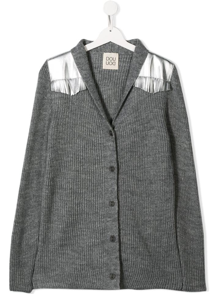 Douuod Kids Teen Metallic Fringe Cardigan - Grey