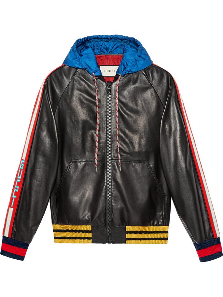 Gucci Gucci Stripe Leather Bomber With Hood - Black