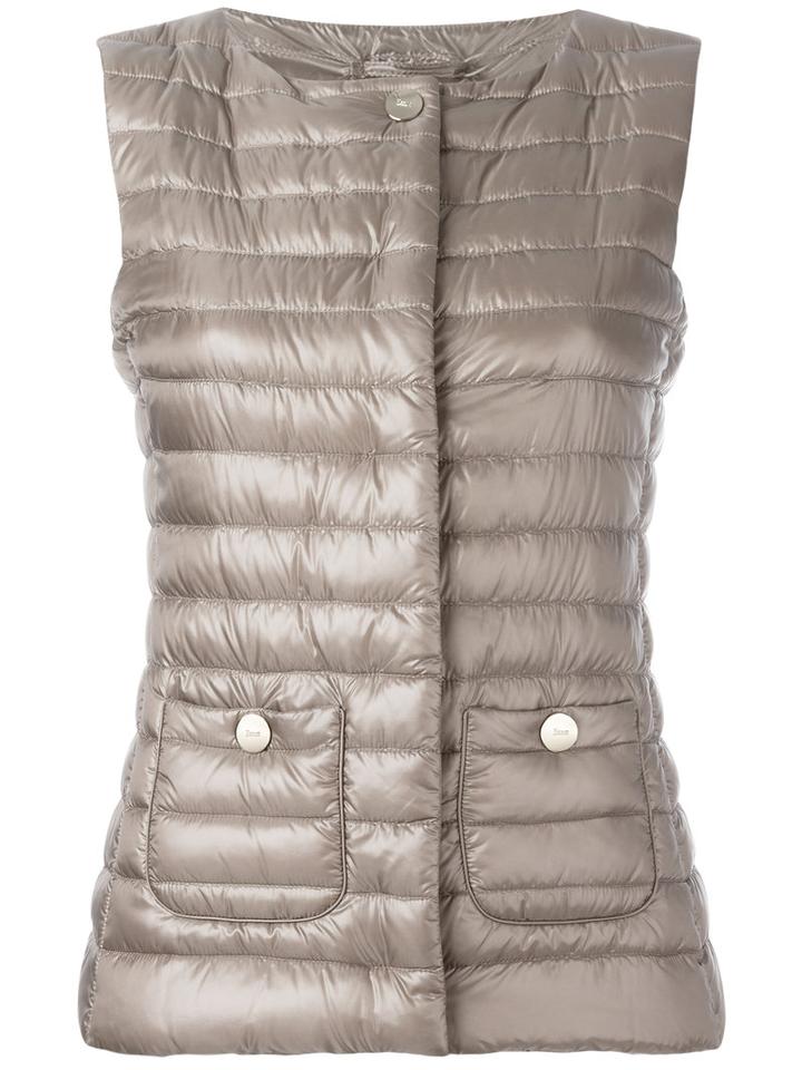 Herno - Collarless Gilet - Women - Cotton/feather Down/polyamide/acetate - 44, Brown, Cotton/feather Down/polyamide/acetate