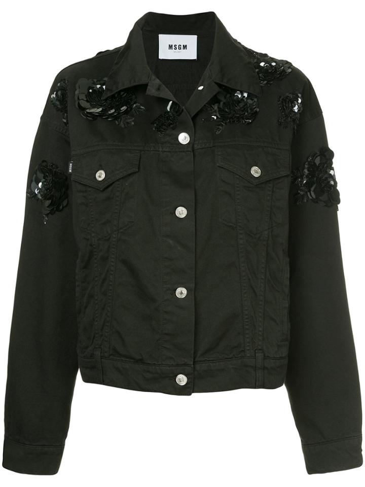 Msgm Sequinned Flower Denim Jacket - Black